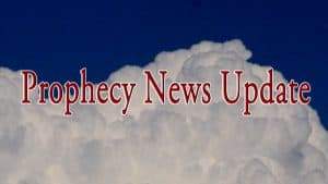 Words "Prophecy News Update" in rich red color with background photo of gathering clouds on a field of dark blue sky