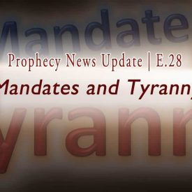 Graphic in dark and light gradient with words: Mandates and Tyranny E28