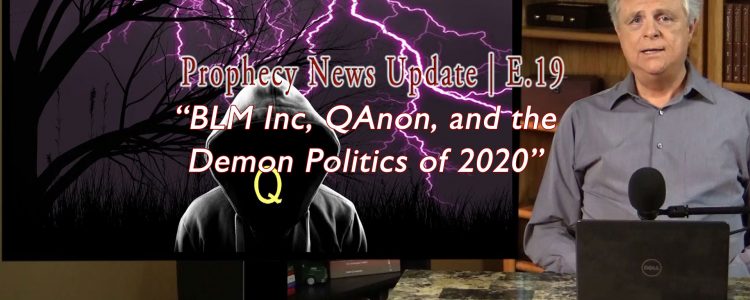 Photo of Tom Gilbreath at desk with Screen with dark, hooded figure and purple lightning in background with text: BLMN, Inc, QAnon, and the Demon Politics of 2020 Episode 19